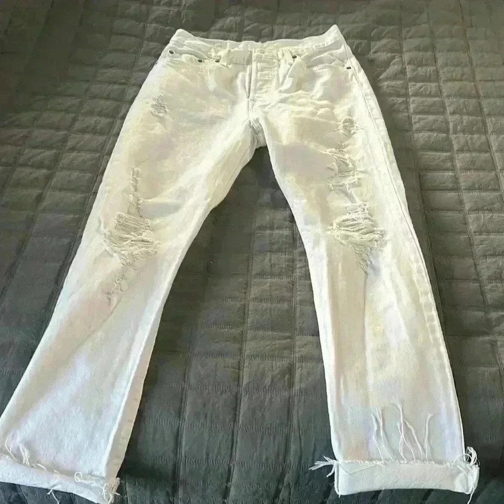 Levi's White Distressed Straight Leg Jeans